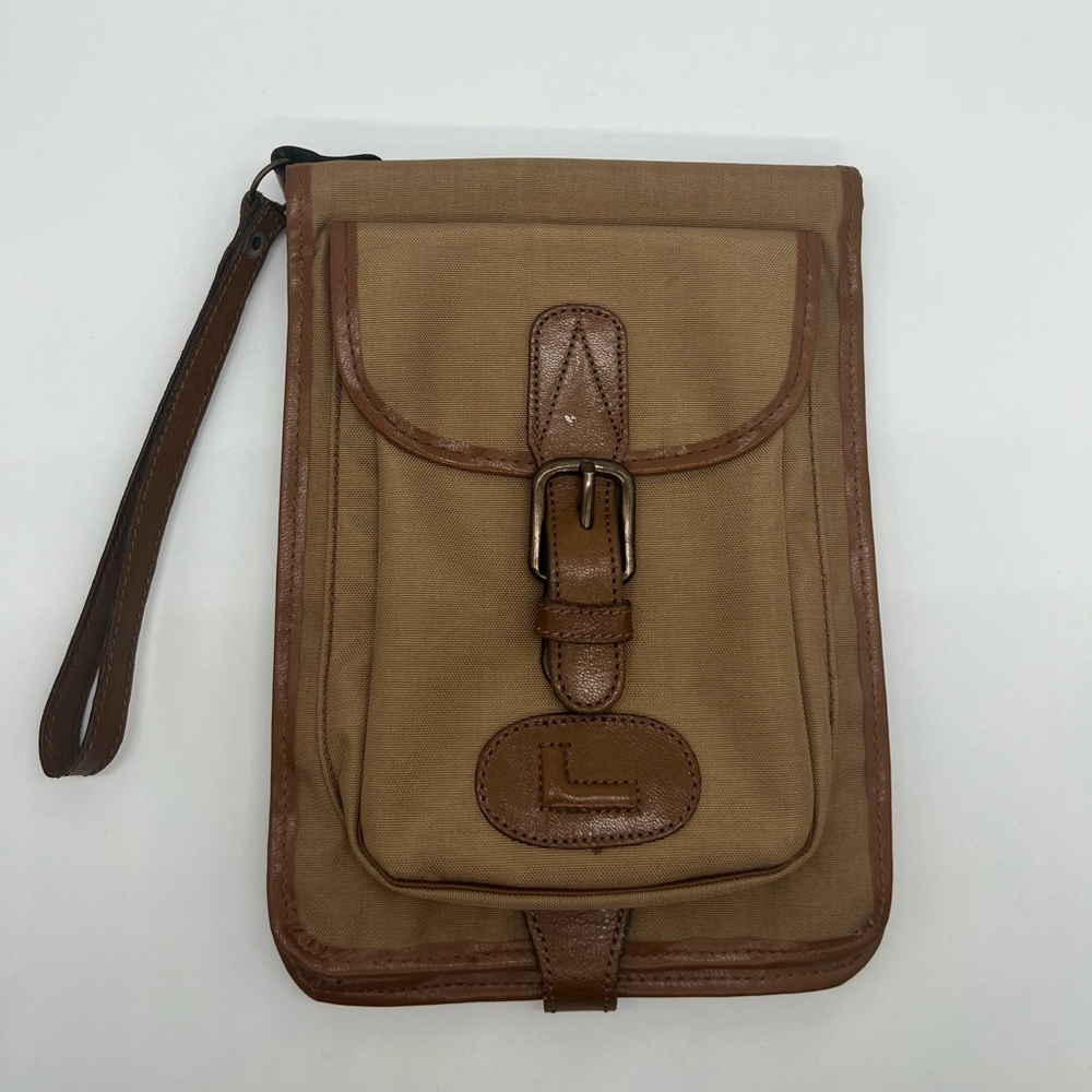 LANCEL VINTAGE Camel Nylon Brown Leather Trim Pochette Clutch Retro Bag Unisex